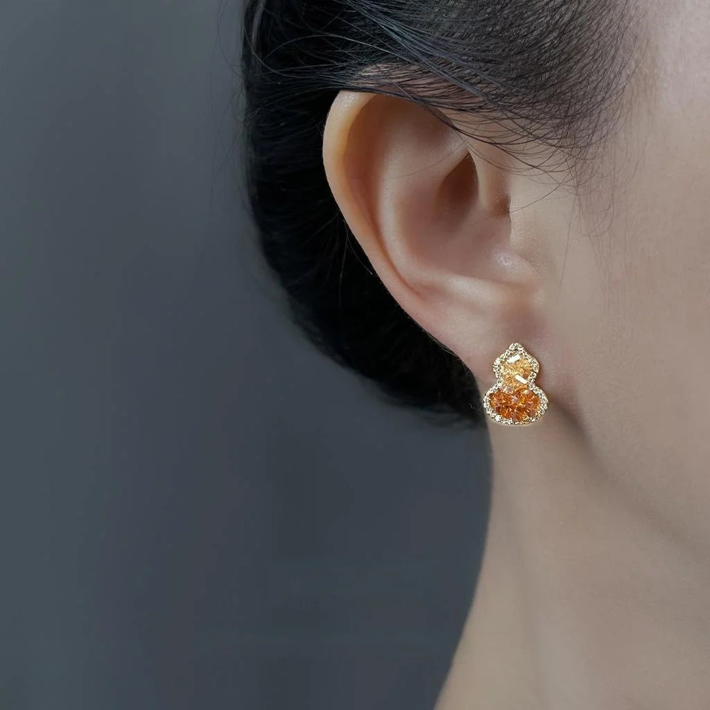 Orange Gradient Champagne Crystal Gourd Stud Earrings With Zircon Micro Pave