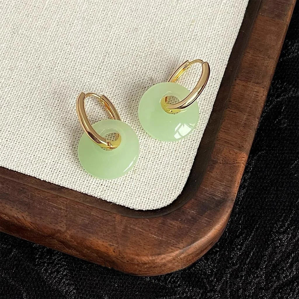 New Chinese Style Jade Color Peace Buckle Stud Earrings Copper Glass Crystal Geometric Jewelry