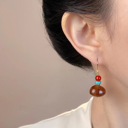 Vintage Maillard Style Handmade Teardrop Drop Earrings With Copper, Red Agate And Turquoise Resin