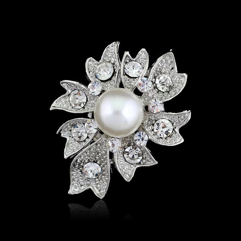 Elegant Silver Alloy Flower Brooch With Faux Pearl And Rhinestone Leaves, Korean Style Lapel Pin Gift