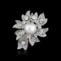 Elegant Silver Alloy Flower Brooch With Faux Pearl And Rhinestone Leaves, Korean Style Lapel Pin Gift