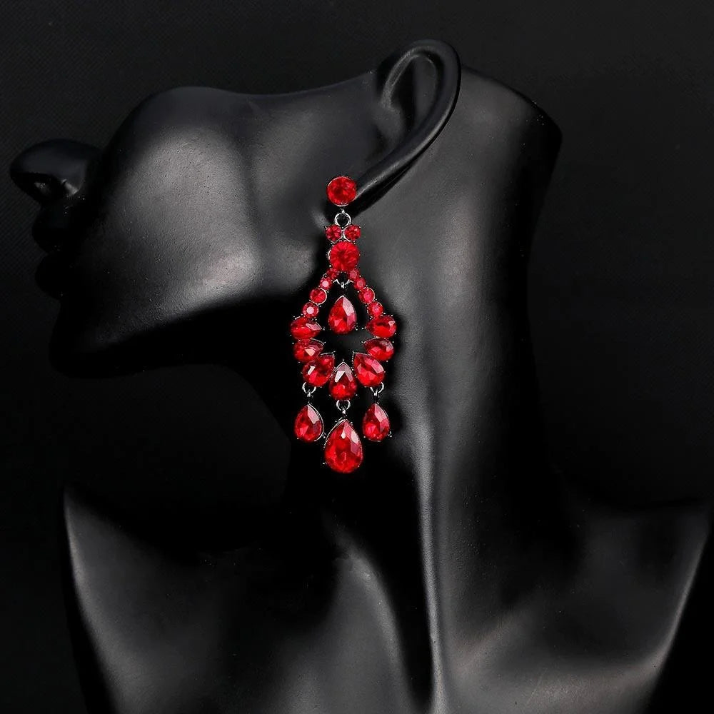 Vintage Bohemian Red Glass Rhinestone Teardrop Tassel Alloy Chandelier Earrings For Wedding Banquet Party