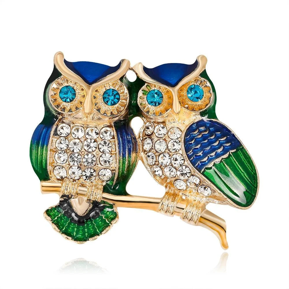 Elegant Enamel Rhinestone Alloy Double Owl Brooch, Luxury Animal Lapel Pin Corsage Suit Accessory Gift