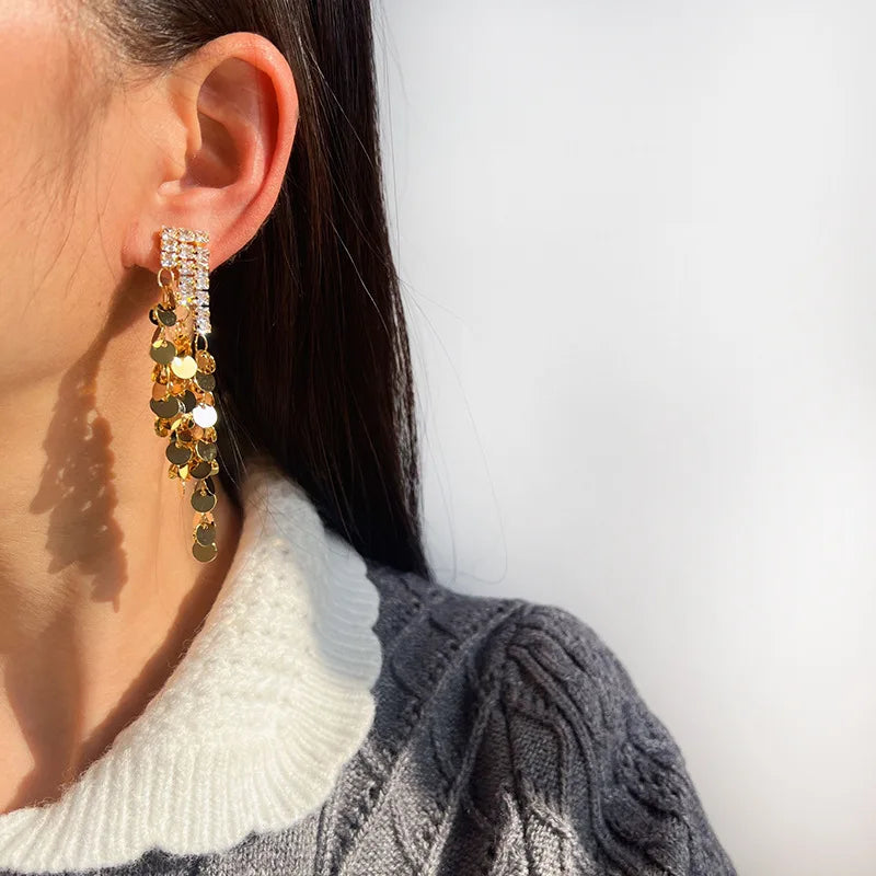 Luxury Gold Rhinestone Bar Spiral Disc Sequin Long Tassel Stud & Clip On No Piercing Earrings