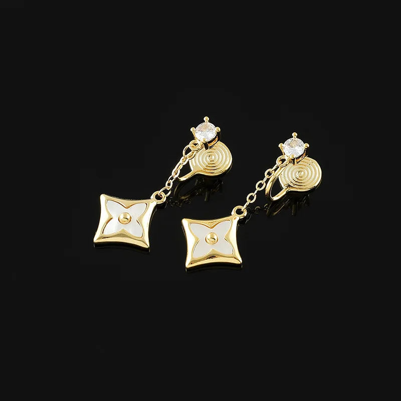 Elegant Gold Alloy White Enamel Shell Spiral Disc Chain Tassel Zircon Stud & Clip On No Piercing Drop Earrings