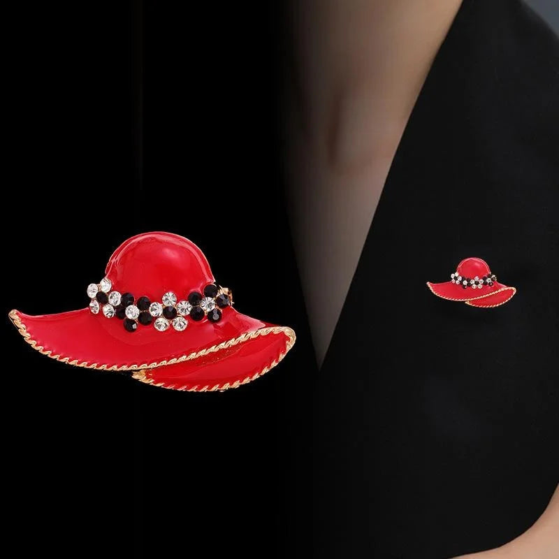 Elegant Red Enamel Beach Hat Brooch With Rhinestones, Alloy Lapel Pin Corsage For Women's Coats