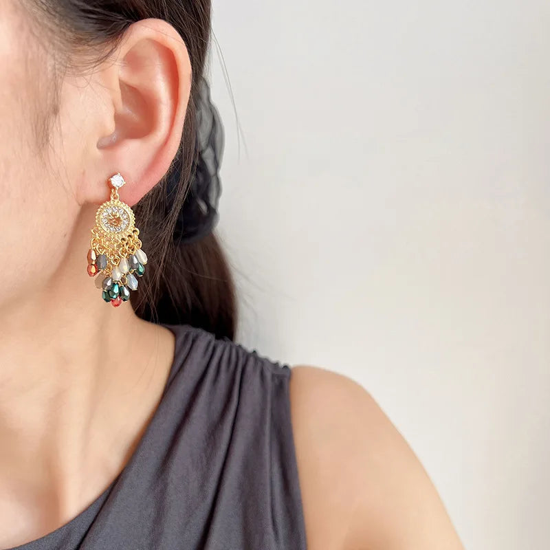 Vintage Spiral Round Rhinestone Crystal Tassel Stud & Clip On No Piercing Long Drop Earrings