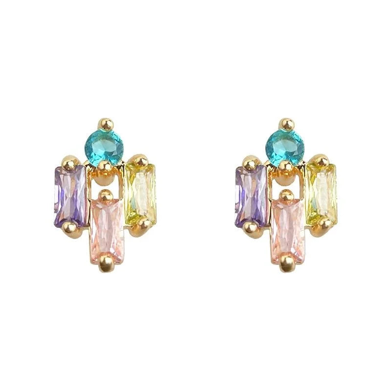 Colorful Micro Pave Zircon Geometric Stud Earrings Sweet Summer Mini Jewelry For Women
