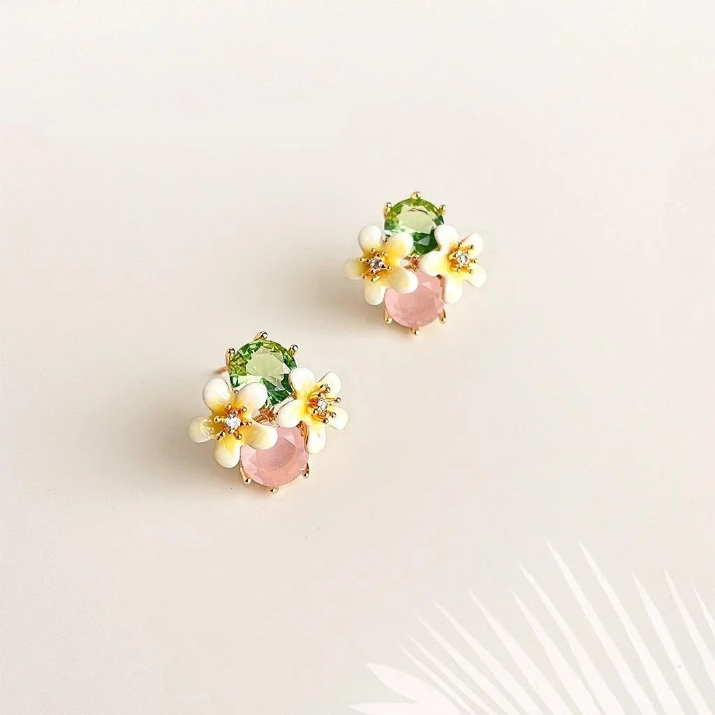 Sweet 14K Gold Plated Copper Zircon Glass Crystal Enamel 3D Flower Stud Earrings