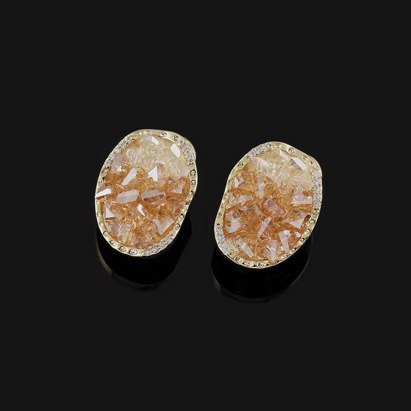 Elegant Oval Geometric Crystal Zircon Gold Tone Stud & Clip On No Piercing Luxury Women's Earrings