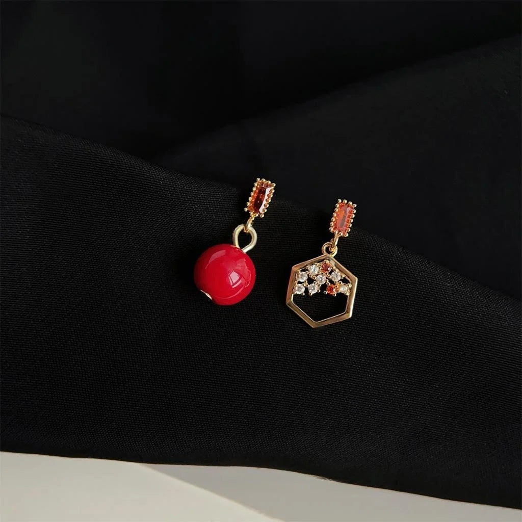 Chinese Style Asymmetric Red Pearl Micro Pave Zircon Hollow Geometric Stud Earrings