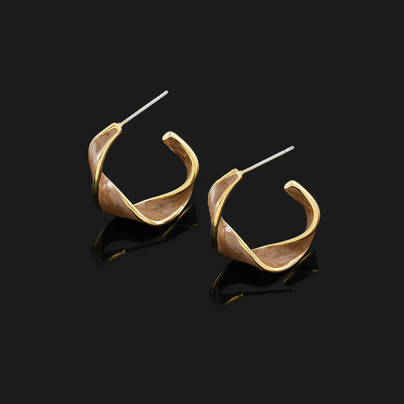 Vintage Brown Enamel Twisted Hoop Alloy Stud & Clip On No Piercing French Elegant Statement Earrings