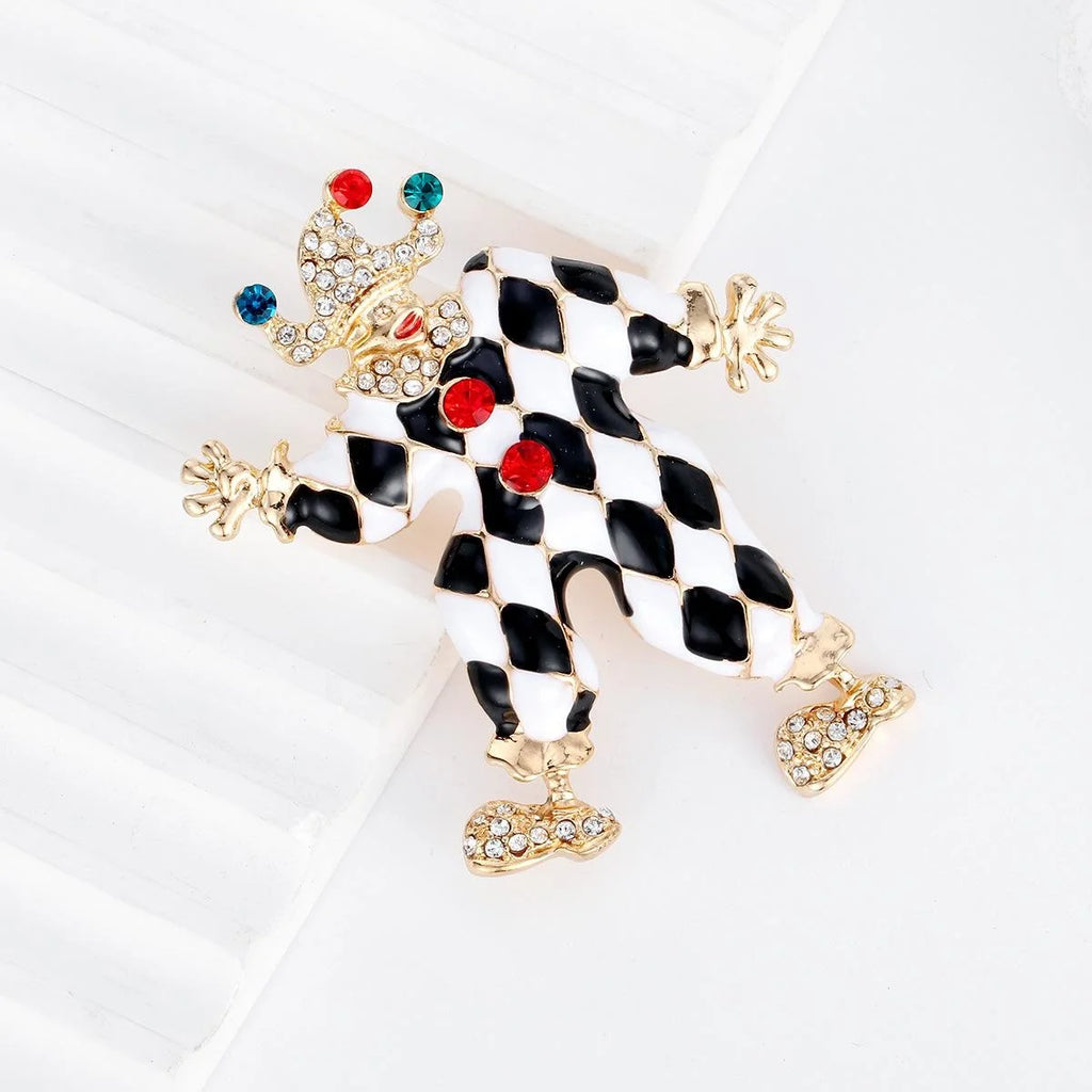 Vintage Circus Clown Enamel Rhinestone Brooch, Black White Harlequin Lapel Pin Suit Accessory Gift