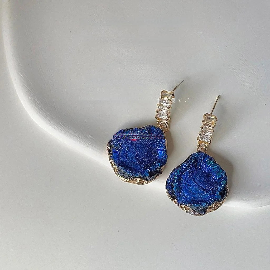 Klein Blue Faceted Crystal Geometric Drop Earrings Irregular Drip Glaze Copper Jewelry