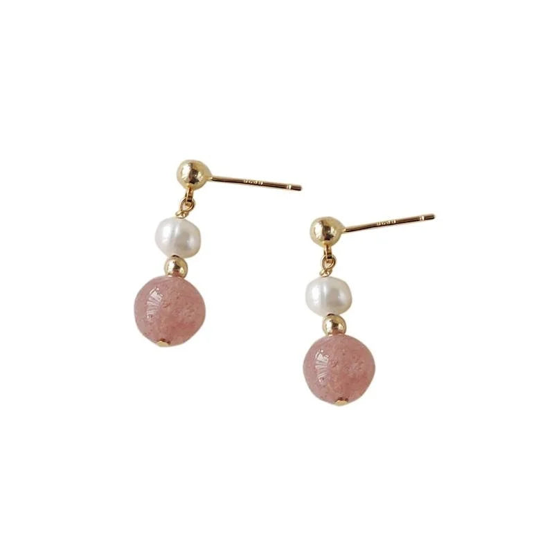 Handmade Strawberry Quartz Pearl Geometric Stud Earrings 14K Gold Plated Minimalist Jewelry