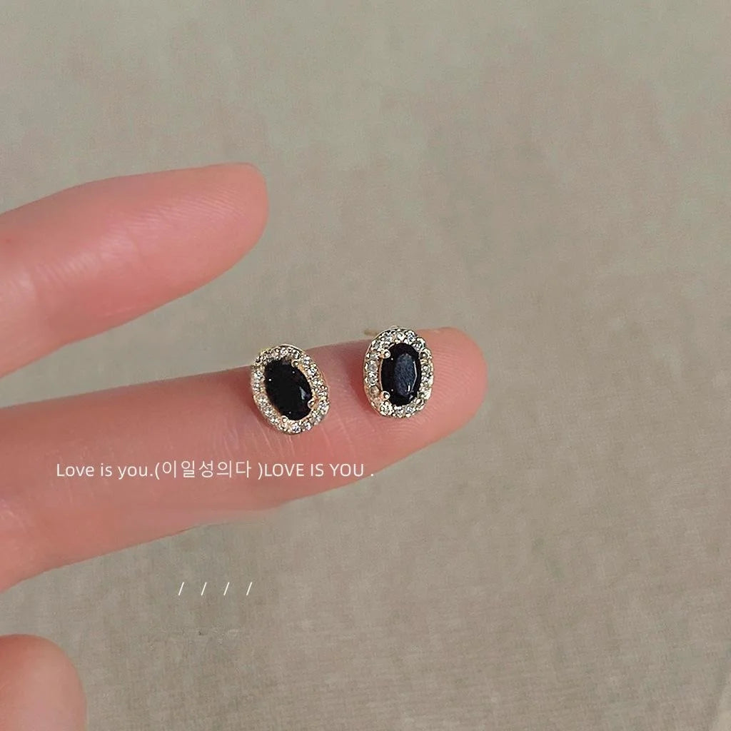 Vintage Black Oval Micro Pave Zircon Copper Stud Earrings With 14K Plated Pins