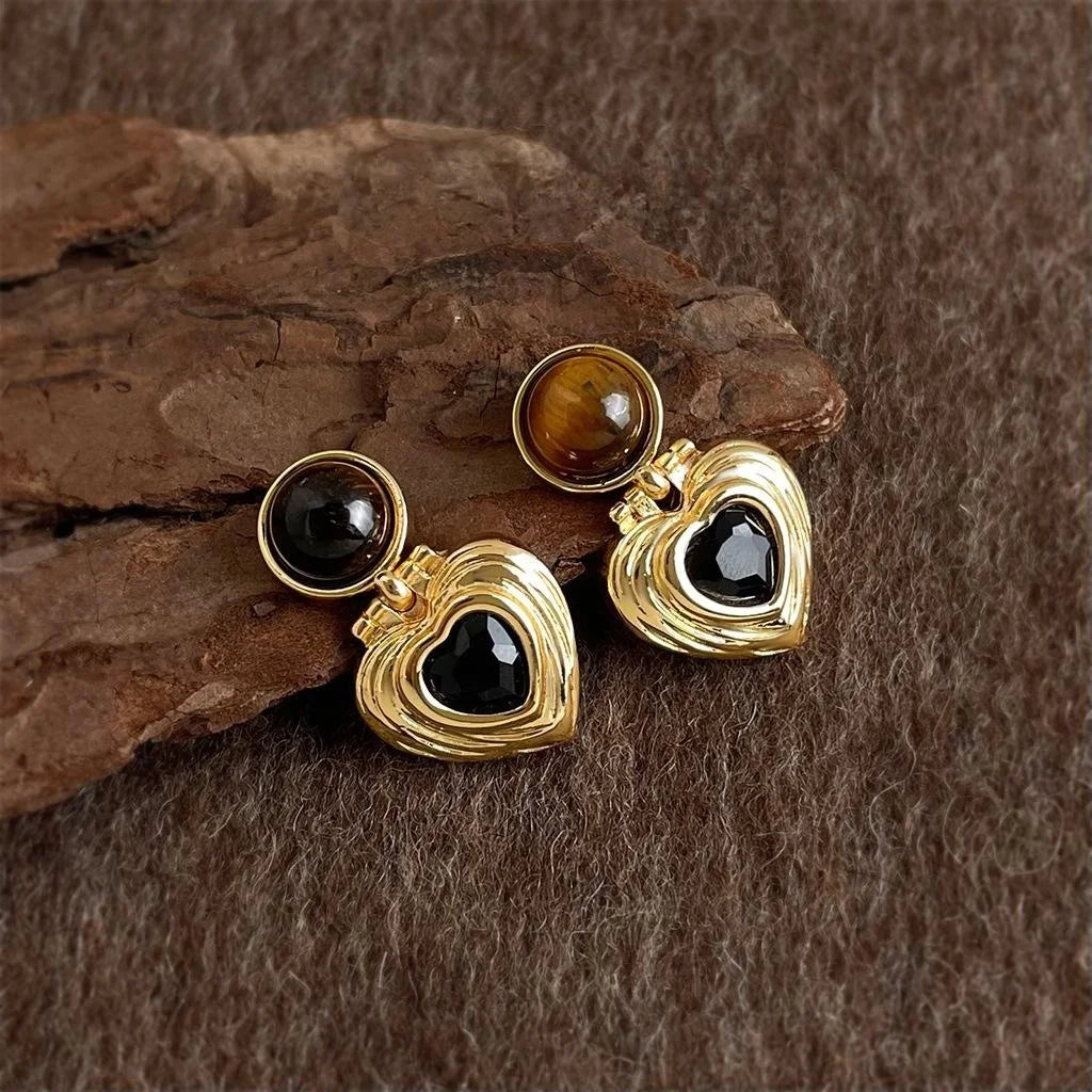 Vintage Maillard Style Tiger Eye Heart Geometric Zircon Drop Earrings