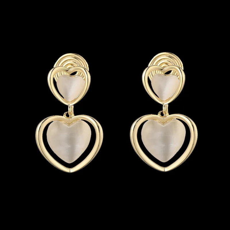 Elegant Double Heart Cat Eye Stone Alloy Dangle Stud & Clip On No Piercing Light Luxury Earrings