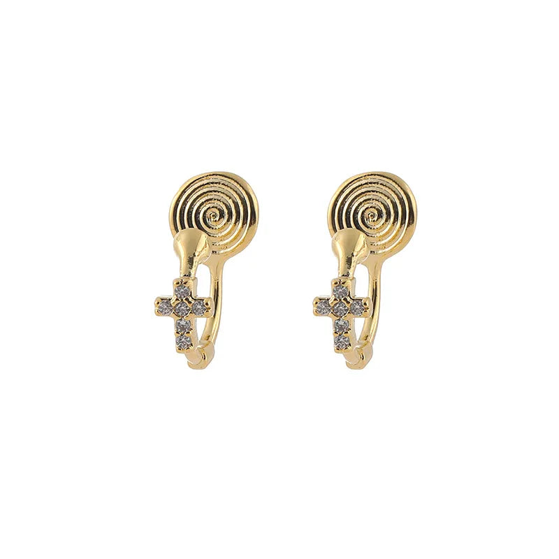Elegant Mini Cross Rhinestone Spiral Hoop Stud & Clip On No Piercing Commuter Ear Cuff Earrings