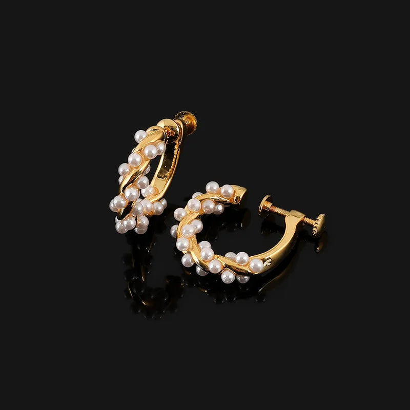 Elegant Pearl Flower Wreath Hoop Alloy Stud & Clip On No Piercing Korean Style Screw Back Earrings