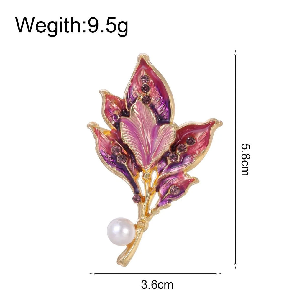 Elegant Enamel Leaf Flower Brooch With Faux Pearl And Rhinestones, Luxury Alloy Lapel Pin Corsage Gift