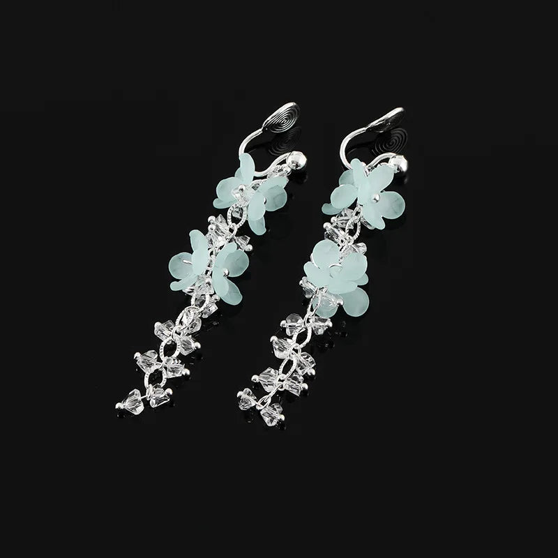 Elegant Blue Flower Crystal Vine Long Tassel Alloy Stud & Clip On No Piercing Sweet Earrings
