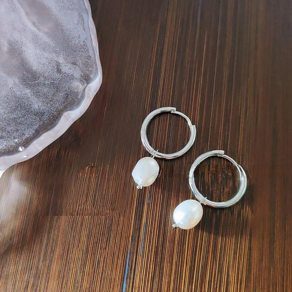 Handmade Silver Tone Copper Freshwater Pearl Round Drop Earrings For Women