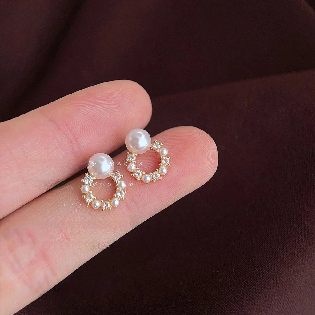 14K Gold Plated Copper Zircon Pearl Geometric Round Mini Stud Earrings For Women
