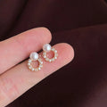 14K Gold Plated Copper Zircon Pearl Geometric Round Mini Stud Earrings For Women