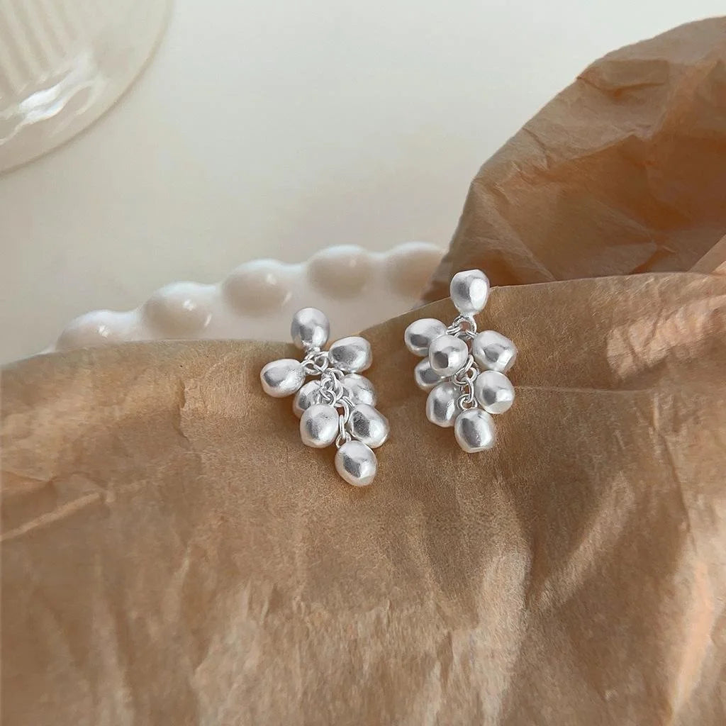 Silver Tone Copper Grape Cluster Drop Earrings French Elegant Light Luxury Style