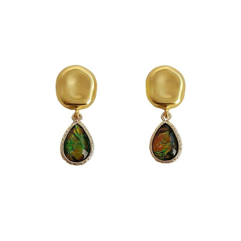 Vintage Abalone Shell Teardrop Stud Earrings Copper French Palace Style Jewelry