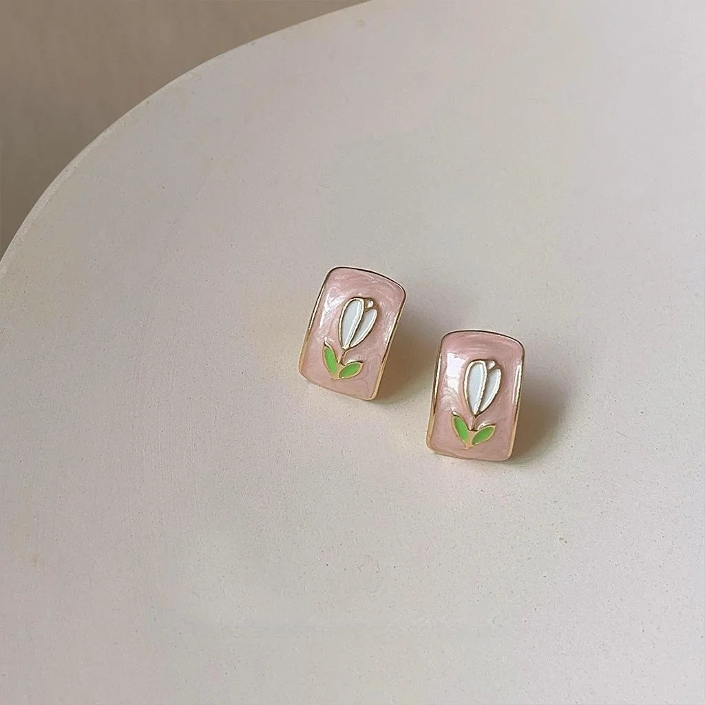 Sweet Pink Tulip Enamel Copper Stud Earrings Fresh Floral Geometric Spring Summer Jewelry