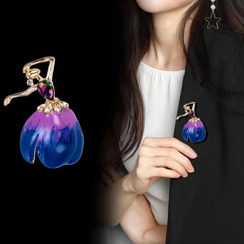 Elegant Ballet Girl Enamel Brooch With Rhinestone Alloy Dancer Lapel Pin Corsage Suit Accessory Gift