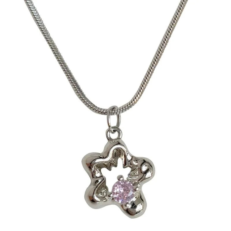 Sweet Cool Copper Zircon Flower Star Choker Necklace Light Luxury Collarbone Jewelry