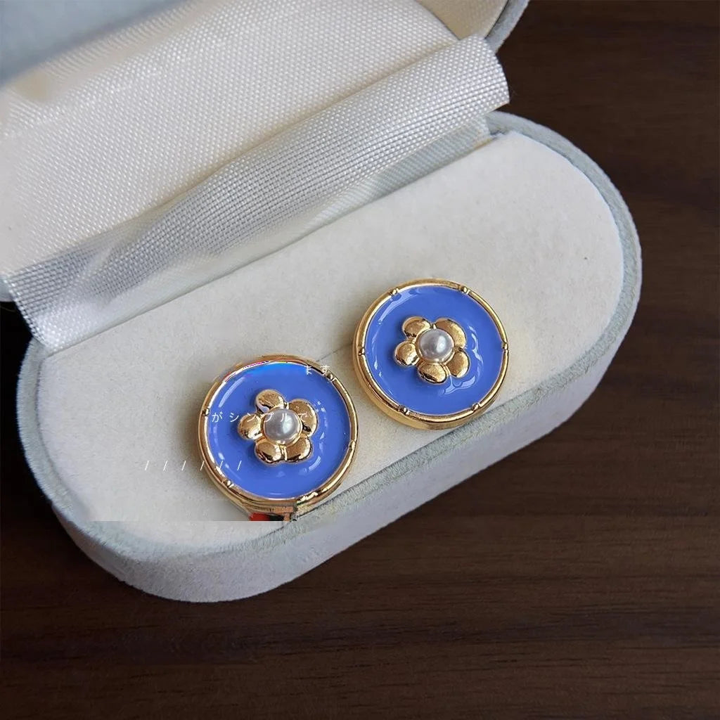 French Vintage Enamel Glazed Copper Floral Round Stud Earrings For Women