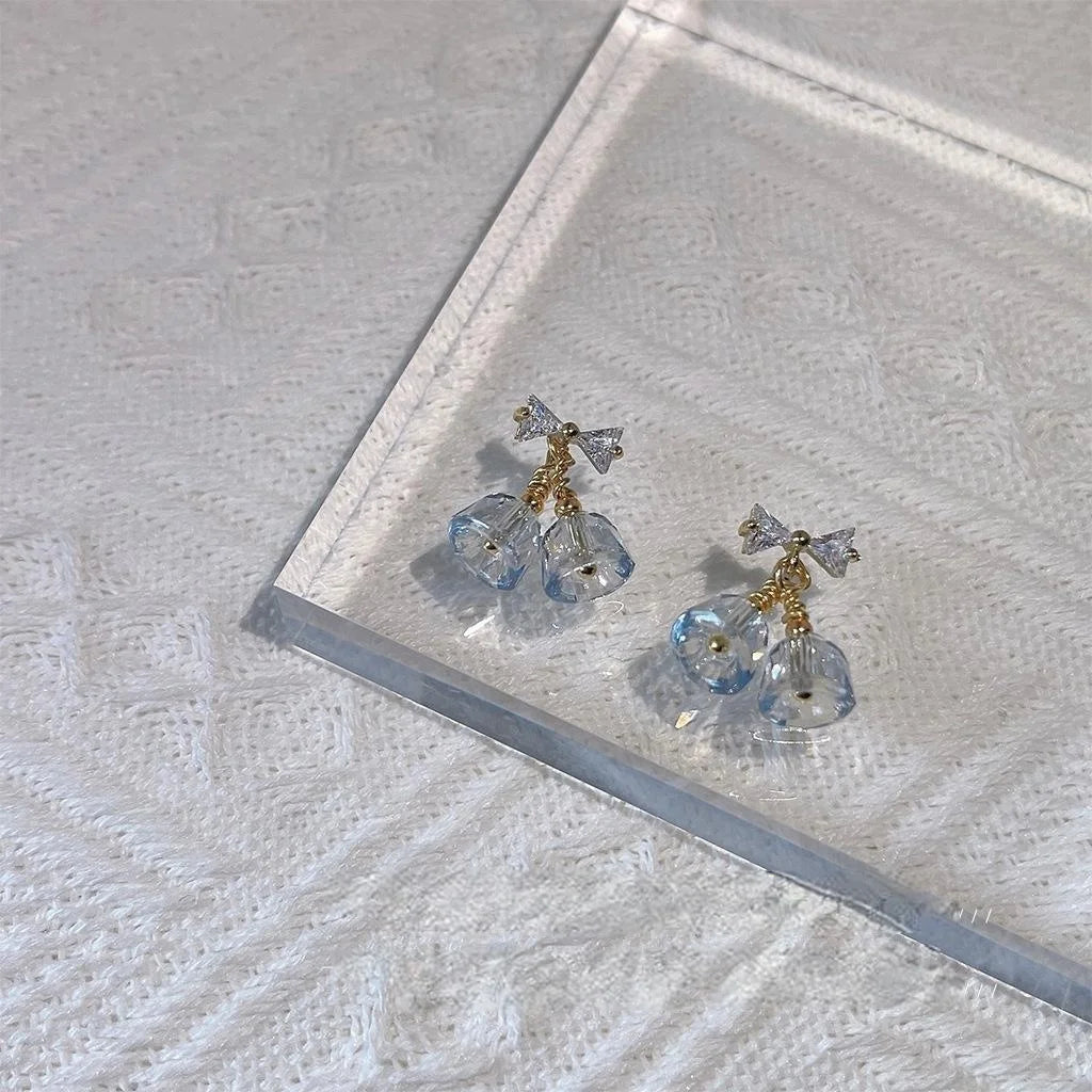14K Gold Plated Copper Bow Flower Stud Earrings, Zircon Glass Bell Design