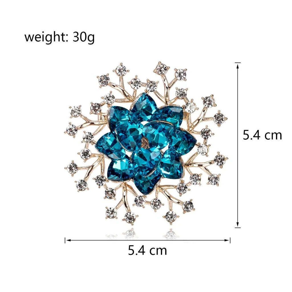Luxury Blue Crystal Flower Rhinestone Brooch, Gold Alloy Floral Lapel Pin Corsage Suit Accessory Gift