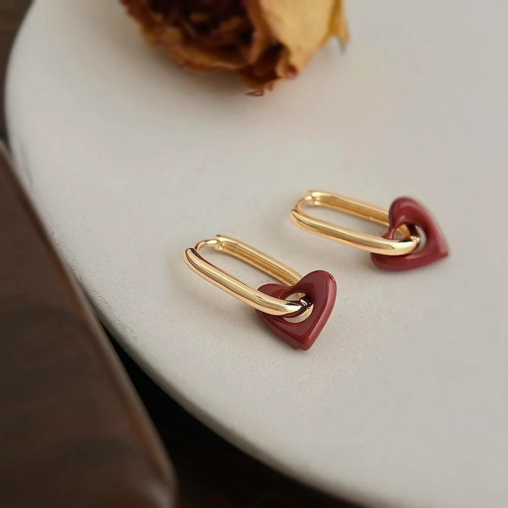 French Vintage Red Hollow Heart Oval Copper Drop Earrings For Women, Elegant Commuter Style