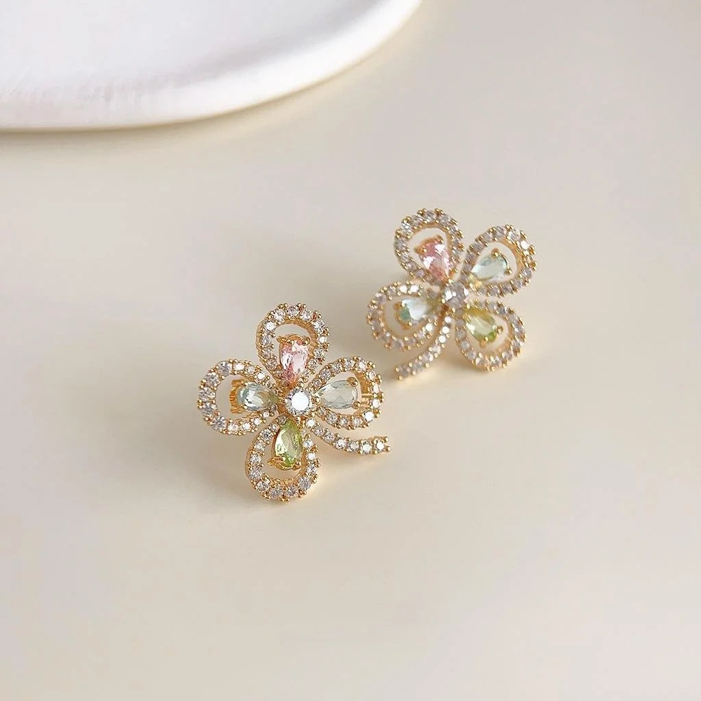 18K Gold Plated Copper Flower Stud Earrings With Micro Pave Color CZ Hollow Lucky Flower Design