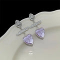 Light Luxury Purple Glass Crystal Heart Tassel Drop Earrings For Women Copper Geometric Jewelry
