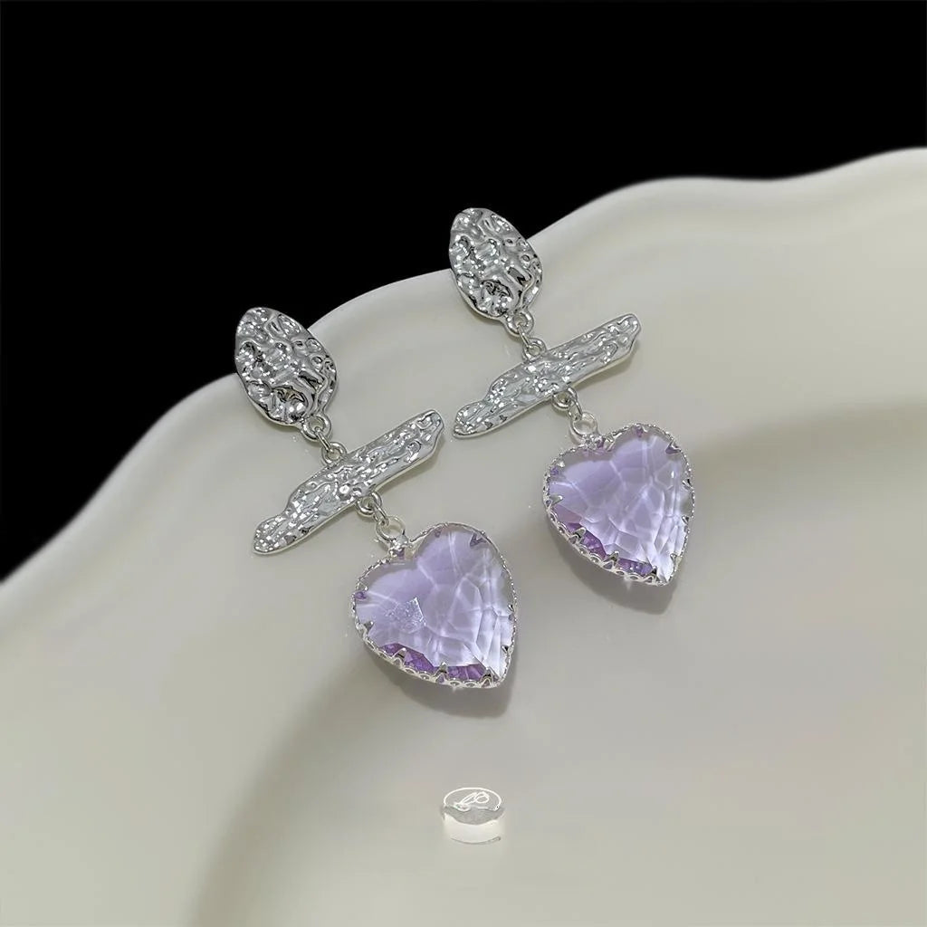 Light Luxury Purple Glass Crystal Heart Tassel Drop Earrings For Women Copper Geometric Jewelry
