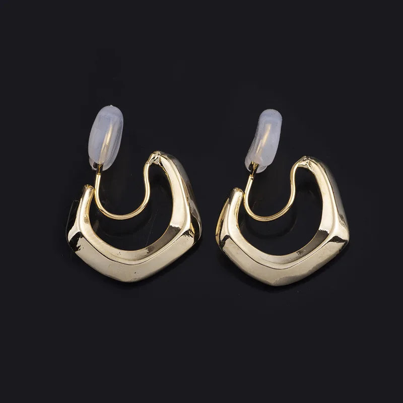 Vintage Gold Alloy Spiral Coil Geometric Hoop Stud & Clip On No Piercing Minimalist U Shape Earrings