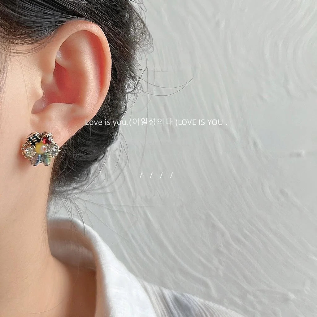 Sweet Floral Glass Crystal Stud Earrings With 14K Plated Copper Handmade Design