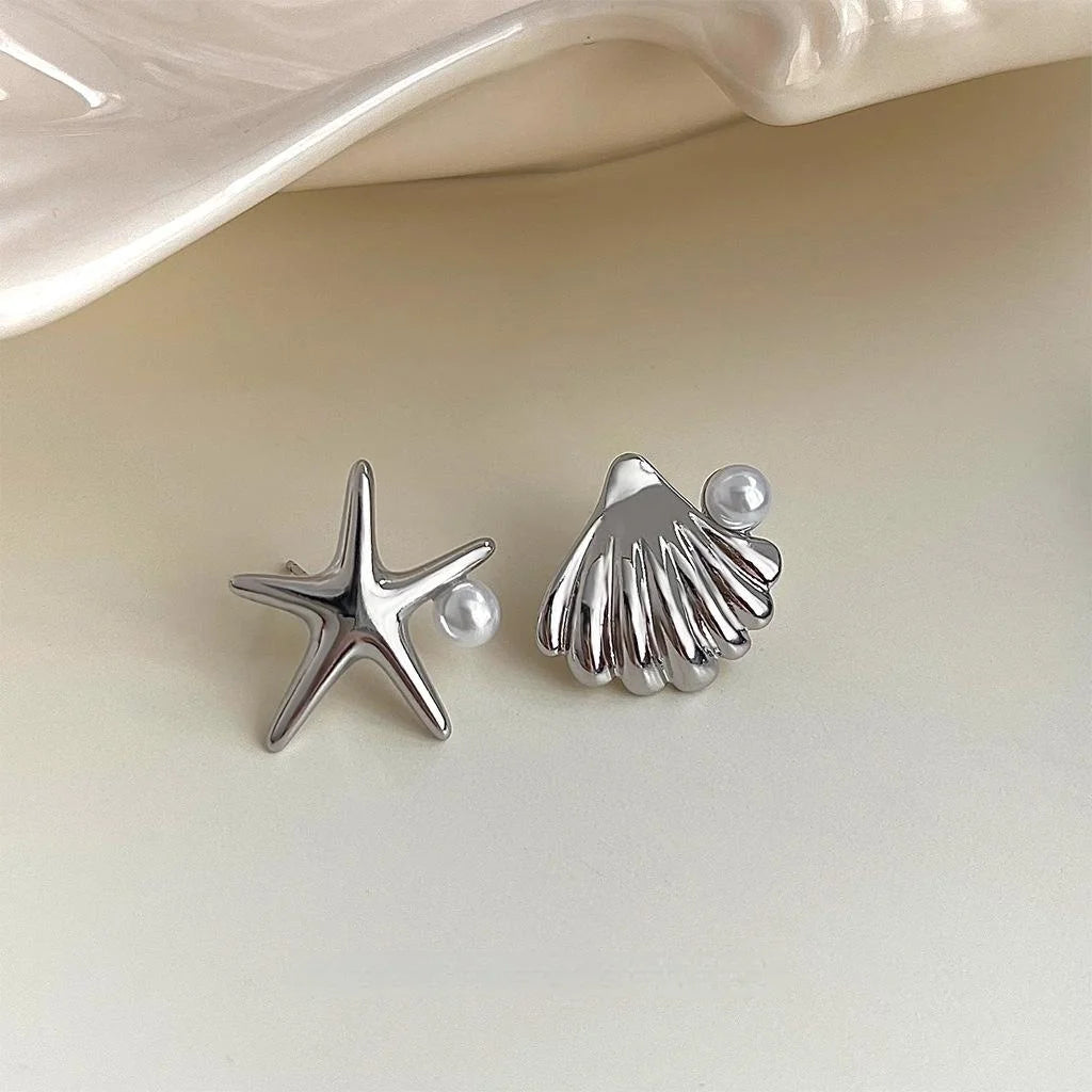 Ocean Series Asymmetric Starfish Shell Pearl Copper Stud Earrings Minimalist Chic Jewelry