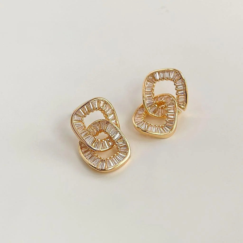 Premium 18K Gold Plated Copper Double Ring Geometric Hollow Round Stud Earrings