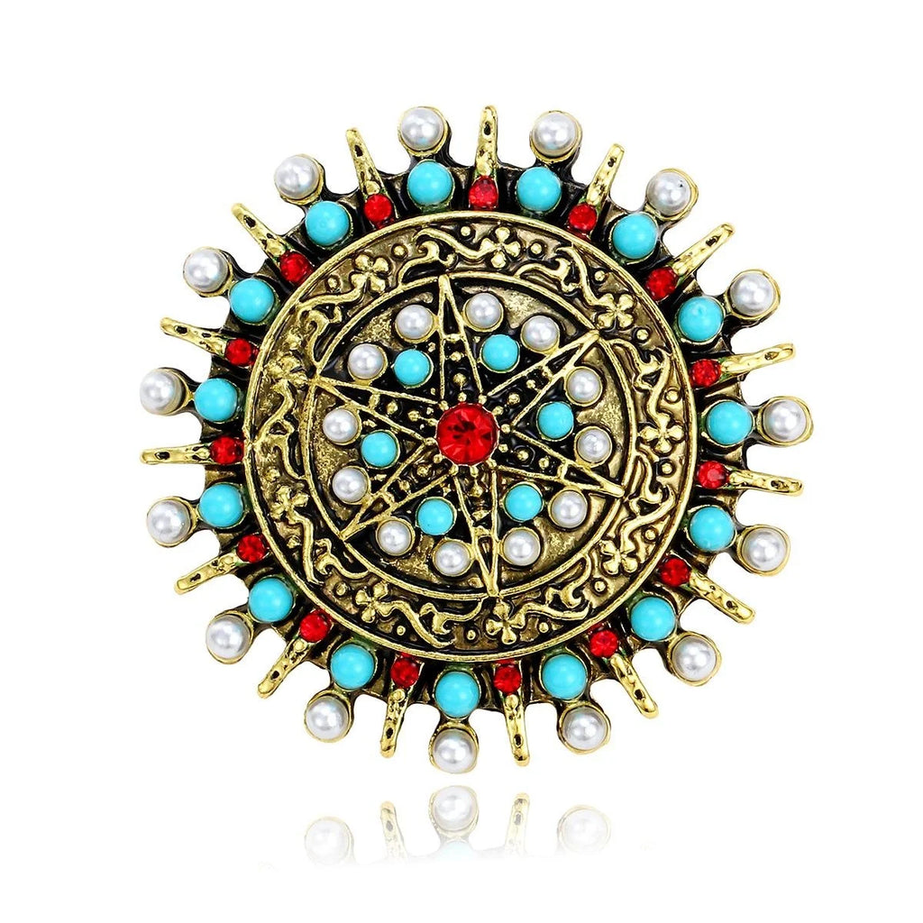 Vintage Bohemian Round Disk Brooch, Gold-Tone Alloy With Faux Pearls Turquoise Beads And Red Rhinestone Lapel Pin Gift
