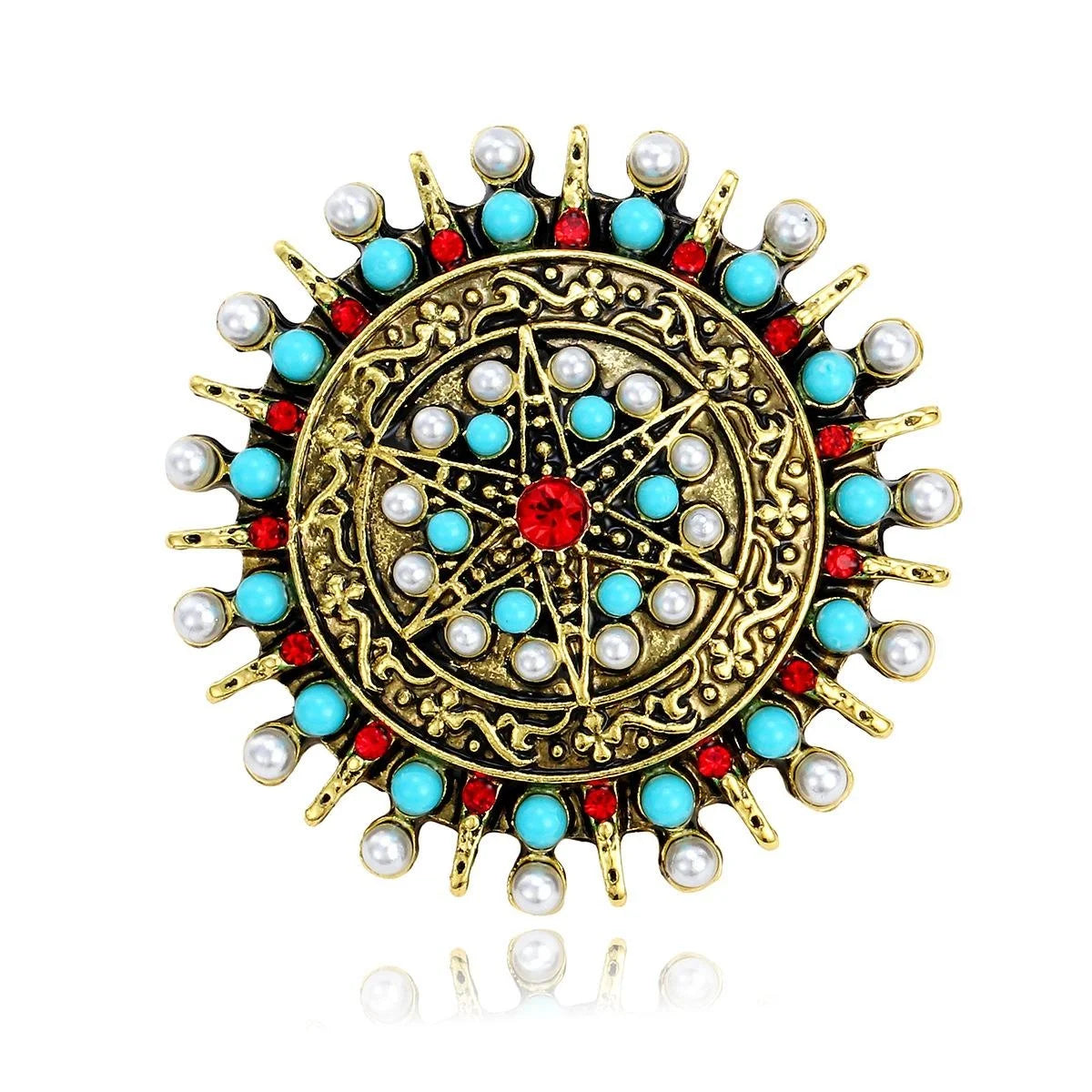 Vintage Bohemian Round Disk Brooch, Gold-Tone Alloy With Faux Pearls Turquoise Beads And Red Rhinestone Lapel Pin Gift