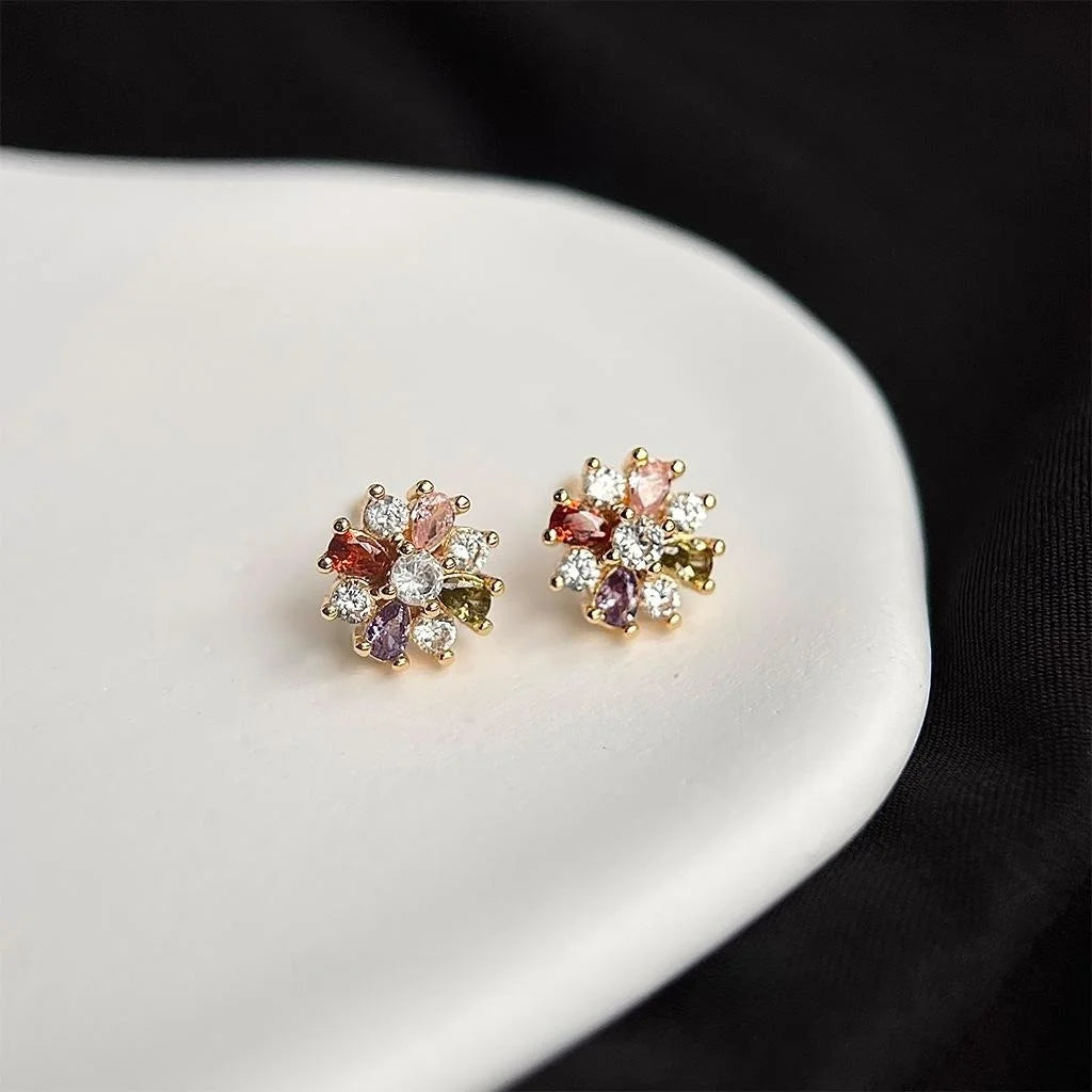 14K Gold Plated Copper Zircon Snowflake Stud Earrings Minimalist Colorful Flower Jewelry