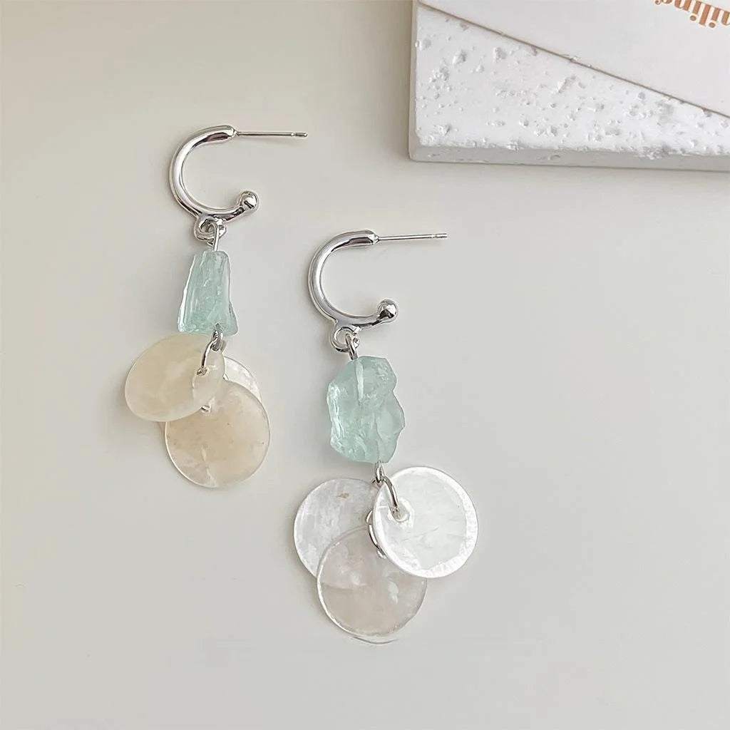 Premium Summer Natural Stone Blue Crystal Shell Geometric Tassel Drop Earrings