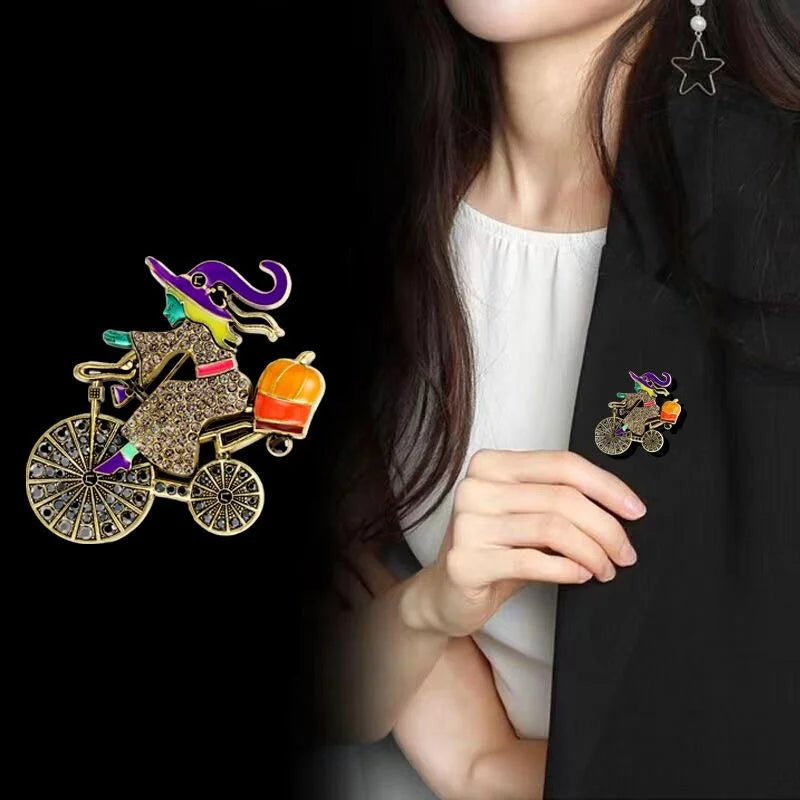 Cute Halloween Witch Riding Bicycle Pumpkin Enamel Rhinestone Alloy Brooch Lapel Pin Gift Accessory